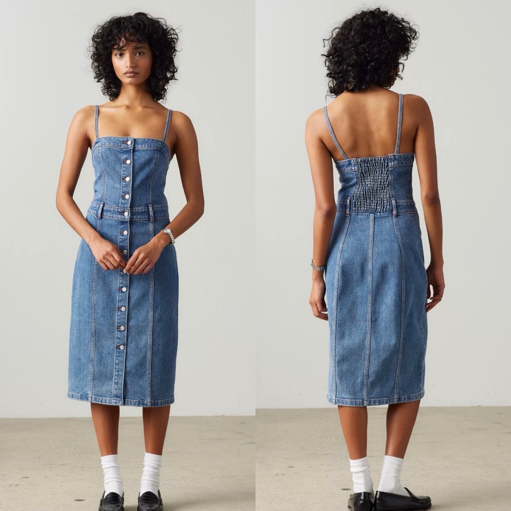 Levi's Blue Denim Button-Front Midi Dress with Smocked Back